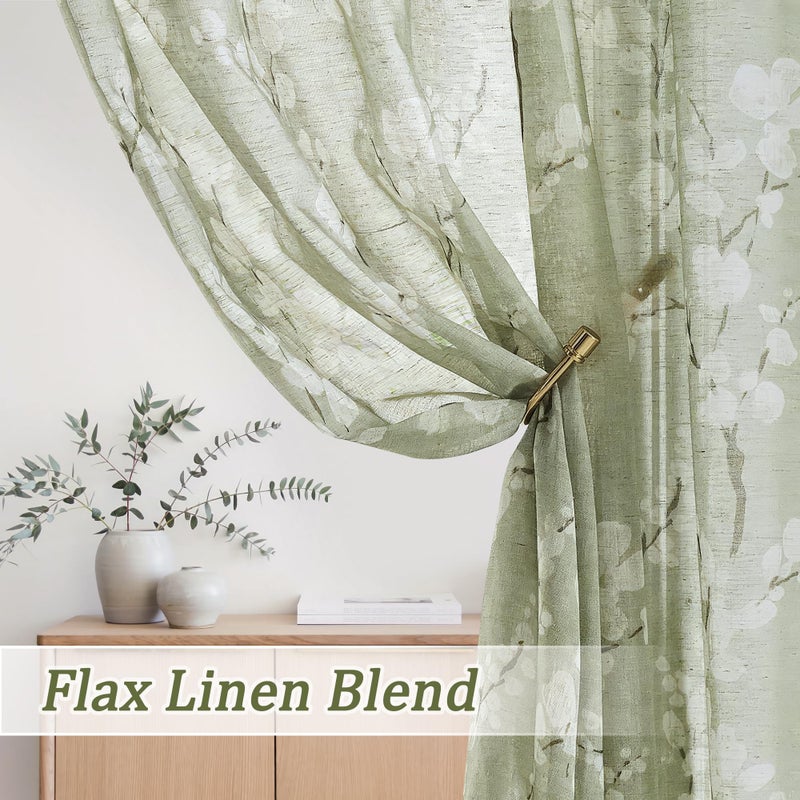 FMFUNCTEX Linen Sheer Curtains for Bedroom, Sage Green Blossom Print Curtains 84 Inches Long for Living Room,Floral Patterned Farmhouse Curtain Light Filtering Window Drapes 2 Panels, Rod Pocket - Image 4